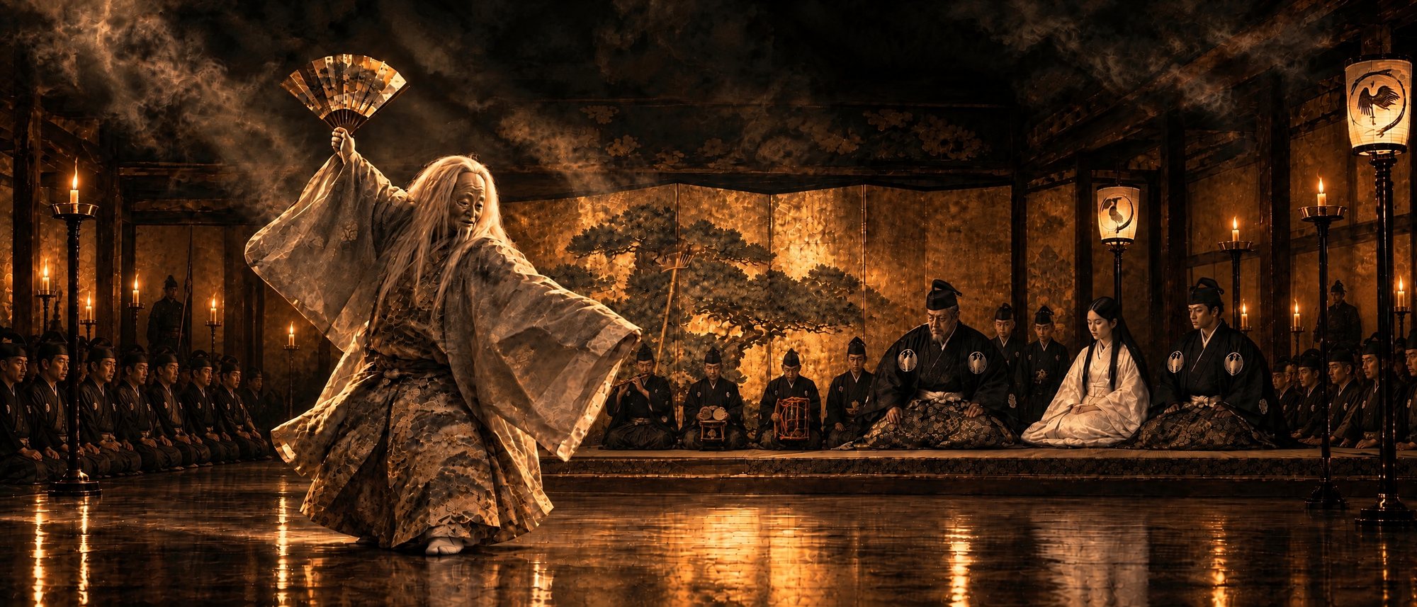 Dans une salle de château éclairée aux chandelles, un danseur de nô au masque de vieillard et à la perruque blanche, l’éventail levé, devant un paravent d’or au pin peint ; les musiciens sont assis devant le paravent, les vassaux en rangées de chaque côté ; sur l’estrade de tatamis, un vieux seigneur et un jeune seigneur en hitatare et eboshi encadrent une mariée en blanc aux cheveux dénoués.