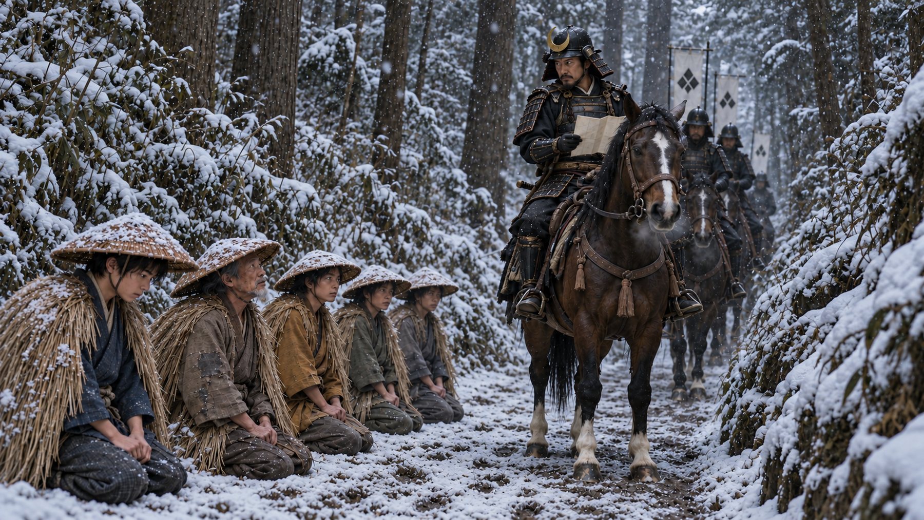 Sur une sente enneigée entre les pins, cinq voyageurs en capes de paille agenouillés devant un samouraï à cheval qui lit un papier ; d’autres cavaliers suivent avec leurs bannières.