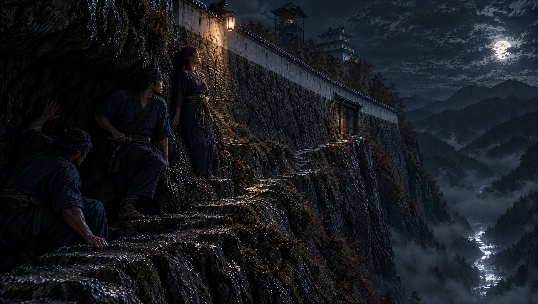 Nuit de lune : des shinobi en vêtements sombres gravissent un escalier taillé dans la falaise, sous la muraille blanche d’un château ; une lanterne brûle au-dessus, la rivière brille au fond de la gorge.